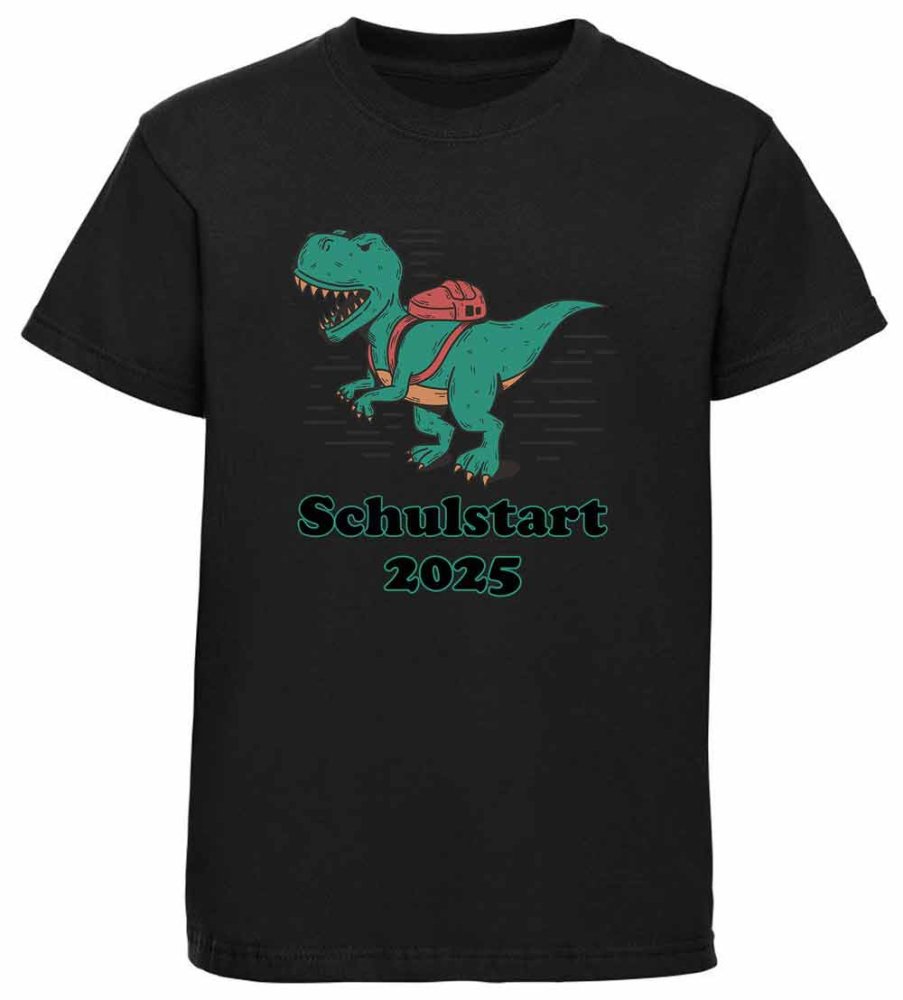 Bedrucktes Kinder T-Shirt mit brüllendem T-Rex mit Schultasche i45